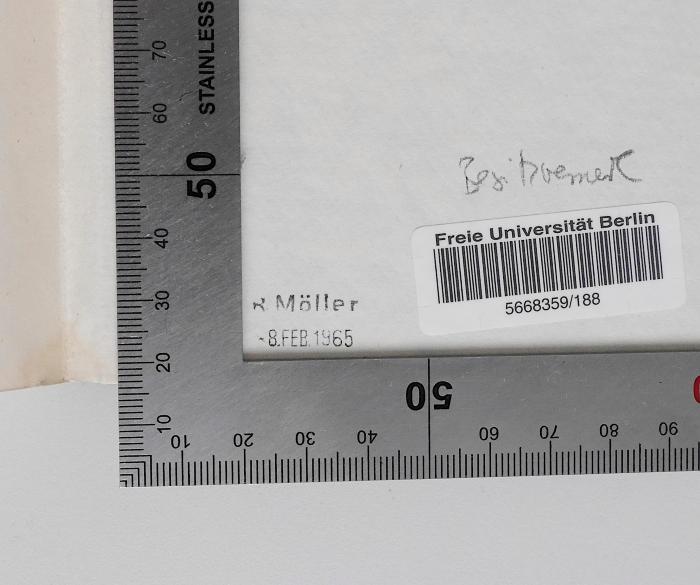 BE 3600 B496 R3D : Der Durchbruch der Religion im menschlichen Seelenleben (1929);- (Buchbinderei Rudolf Möller), Stempel: Name, Buchbinder, Datum; 'R. Möller
-3.Dez.1962 [+ andere Zeitangaben da Prototyp]'.  (Prototyp);- (Buchbinderei Rudolf Möller), Stempel: Name, Datum, Buchbinder; 'R. Möller - 8.FEB.1965'. 