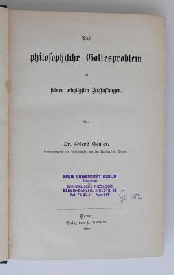CC 8500 P568 : Das philosophische Gottesproblem in seinen wichtigsten Auffassungen (1899)