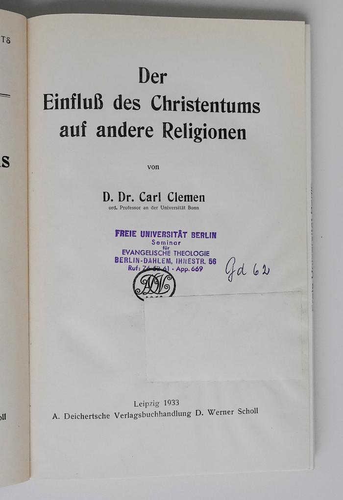 BE 3700 C625 : Der Einfluß des Christentums auf andere Religionen (1933)