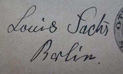 Kg 1034 Ers.: Die Dressur der Thiere mit besonderer Berücksichtigung der Hunde, Affen, Pferde, Elephanten und der wilden Thiere  (1898);- (Sachs, Louis), Von Hand: Autogramm, Name, Ortsangabe; 'Louis Sachs
Berlin'.  (Prototyp)