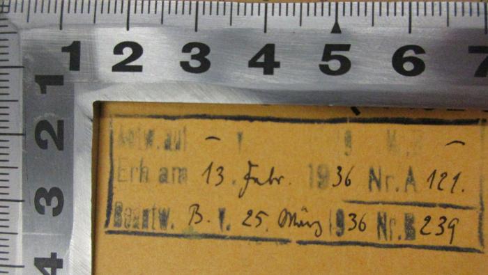-, Stempel: Datum, Nummer; '[...] auf - [...] 9 M. Z. -
Erh am 13. Febr. 1936 Nr. A 121.
Beantw. B.I.25. März 1936 Nr. B 239'