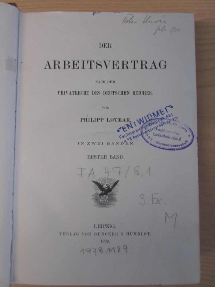 FA 47/8,1 : Der Arbeitsvertrag nach dem Privatrecht des Deutschen Reiches (1902)