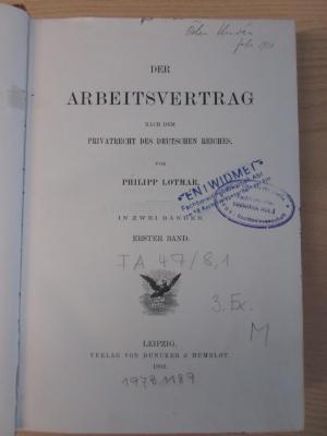 FA 47/8,1 : Der Arbeitsvertrag nach dem Privatrecht des Deutschen Reiches (1902)