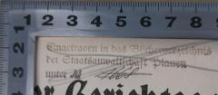 - (Landgericht Plauen), Stempel: Signatur, Ortsangabe; 'Eingetragen in das Bücherverzeichnis der Staatsanwaltschaft Plauen unter № 1668'. 