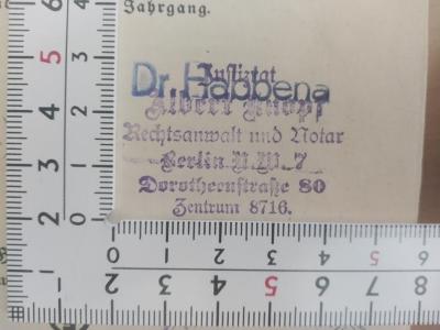 - (Knopf, Albert), Stempel: Name, Berufsangabe/Titel/Branche, Ortsangabe; 'Justizrat
Albert Knopf
Rechtsanwalt und Notar
Berlin N.W. 7
Dorotheenstraße 80
Zentrum 8716.'. 