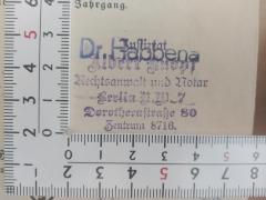 - (Knopf, Albert), Stempel: Name, Berufsangabe/Titel/Branche, Ortsangabe; 'Justizrat
Albert Knopf
Rechtsanwalt und Notar
Berlin N.W. 7
Dorotheenstraße 80
Zentrum 8716.'. 