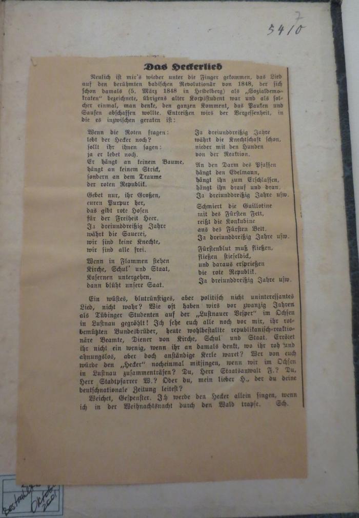  Die Erhebung des Volkes in Baden für die deutsche Republik um Frühjahr 1848 (1848);- (unbekannt), Papier: ; 'Das Heckerlied [...]'. 