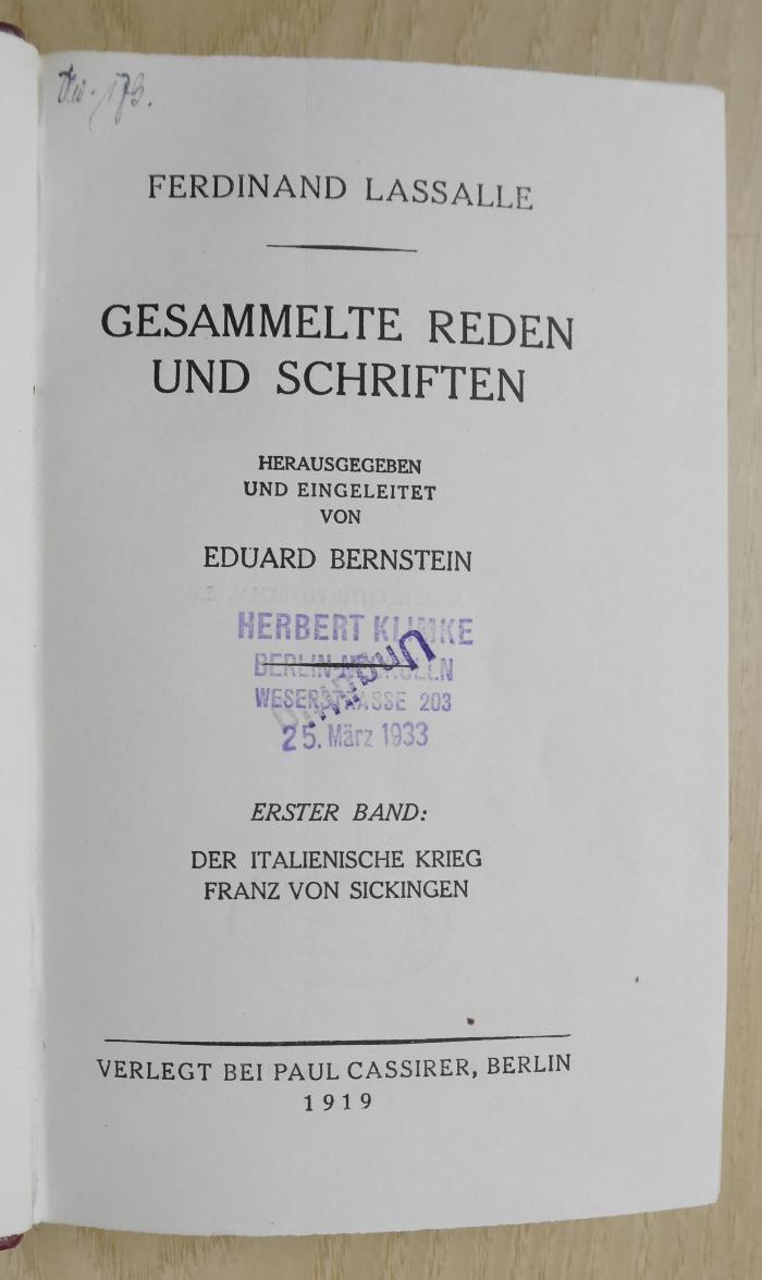 B 976b-1 : Ferdinand Lassalle - Gesammelte Reden und Schriften : Der Italienische Krieg : Franz von Sickingen. (1919)