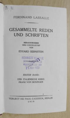 B 976b-1 : Ferdinand Lassalle - Gesammelte Reden und Schriften : Der Italienische Krieg : Franz von Sickingen. (1919)