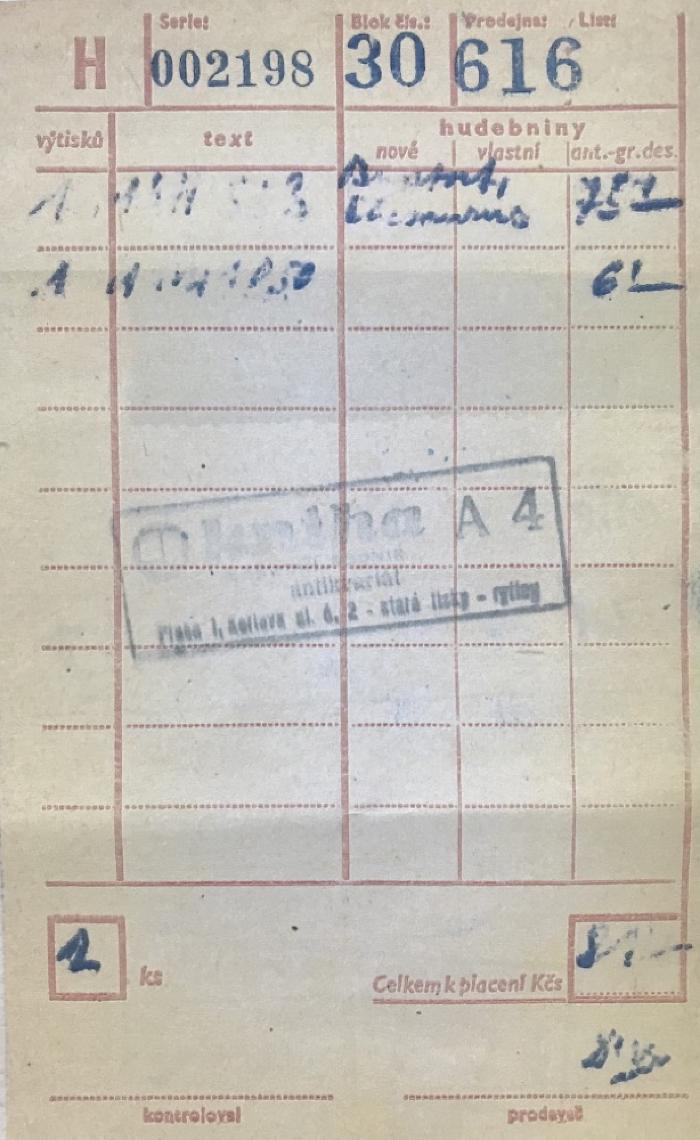 - (Antiquariat "Kniha A 4"), Papier: Buchhändler; 'Quittung eines Antiquariats

Text des Stempels: kniha A 4 [...] antikvariát 
Praha I, Karlová ul. č 2 - stará [...]
'.  (Prototyp)