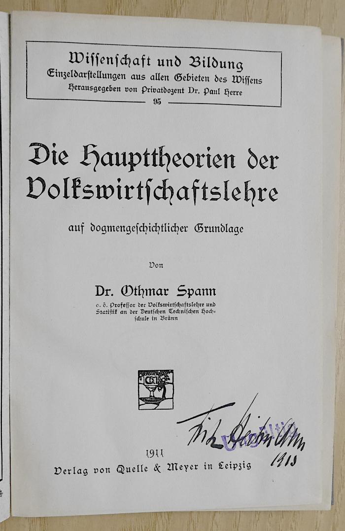 SH 1523 : Die Haupttheorien der Volkswirtschaftslehre auf dogmengeschichtlicher Grundlage (1911)