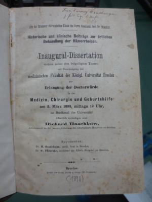 Kk 805: Historische und klinische Beiträge zur örtlichen Behandlung der Hämorrhoden (1898)