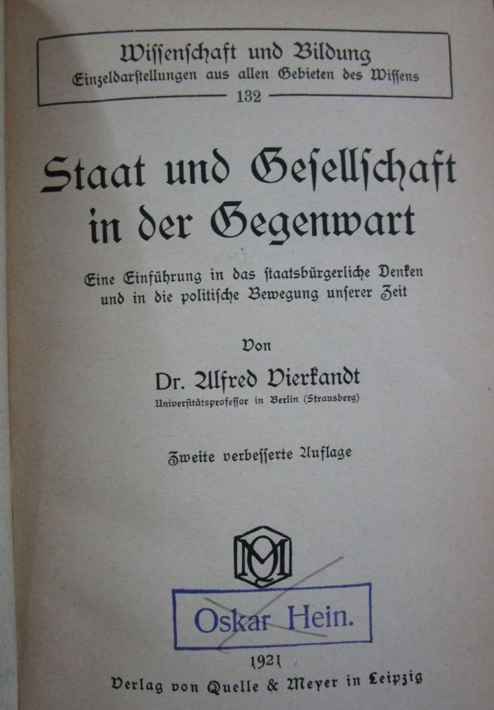 Fd 32 b: Staat und Gesellschaft in der Gegenwart : Eine Einführung in das staatsbürgerliche Denken und in die politische Bewegung unserer Zeit (1921)