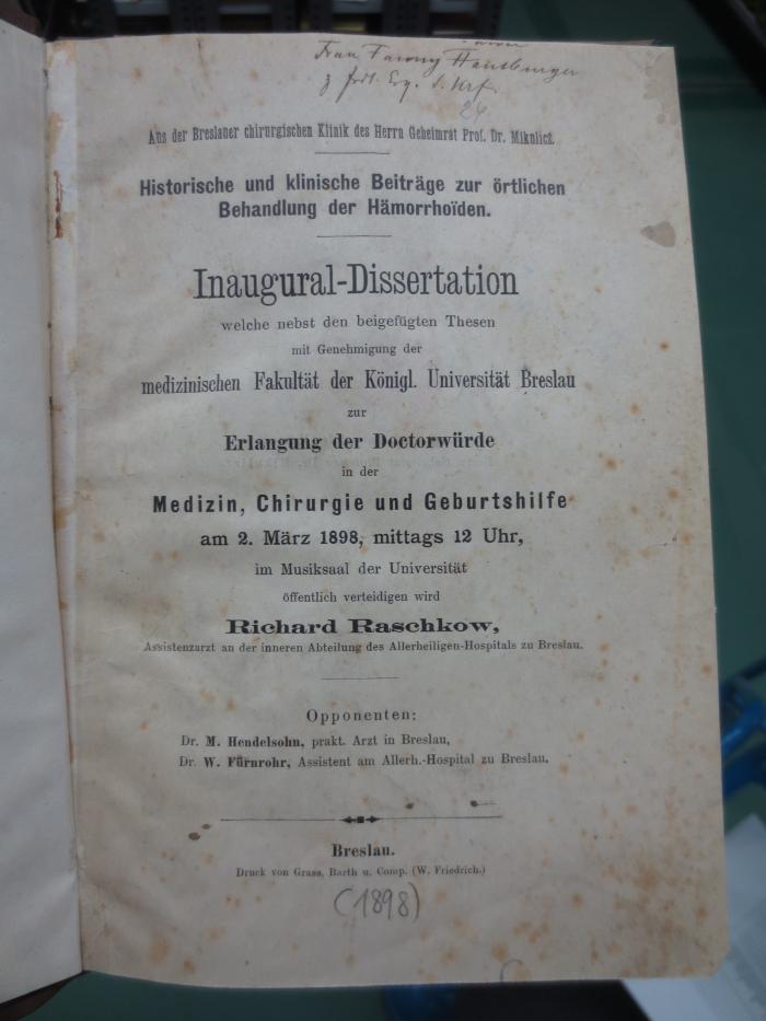 Kk 805: Historische und klinische Beiträge zur örtlichen Behandlung der Hämorrhoden (1898)