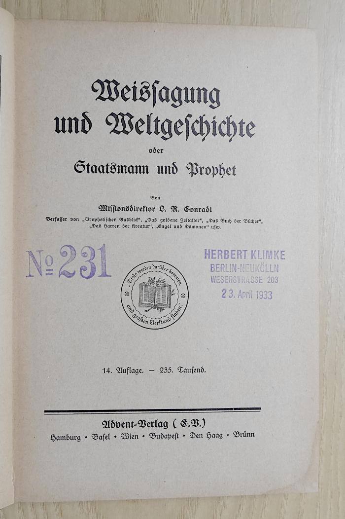 SA 2149 14 : Weissagung und Weltgeschichte oder Staatsmann und Prophet (1924)