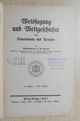 SA 2149 14 : Weissagung und Weltgeschichte oder Staatsmann und Prophet (1924)
