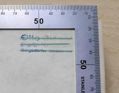 - (Glaser, Otto), Stempel: Berufsangabe/Titel/Branche, Name, Ortsangabe; 'Pastor
Otto Glaser
Berlin-Kaulsdorf
Bergedorfer Str. 110 [durchgestrichen]'. 