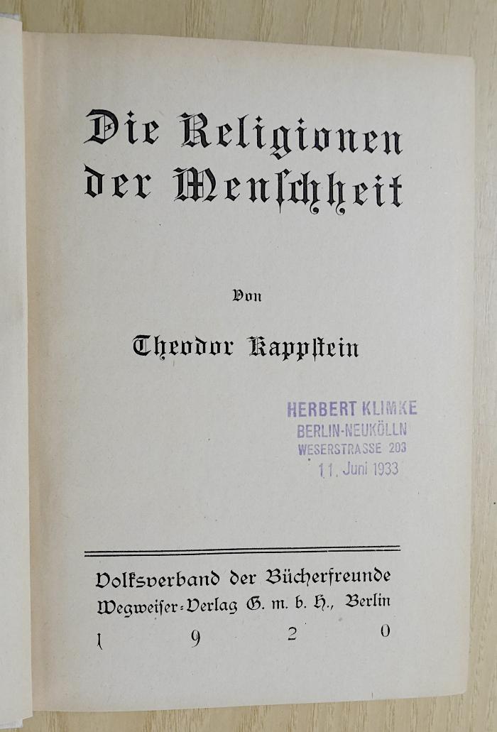 Pb 638 : Die Religionen der Menschheit (1920)
