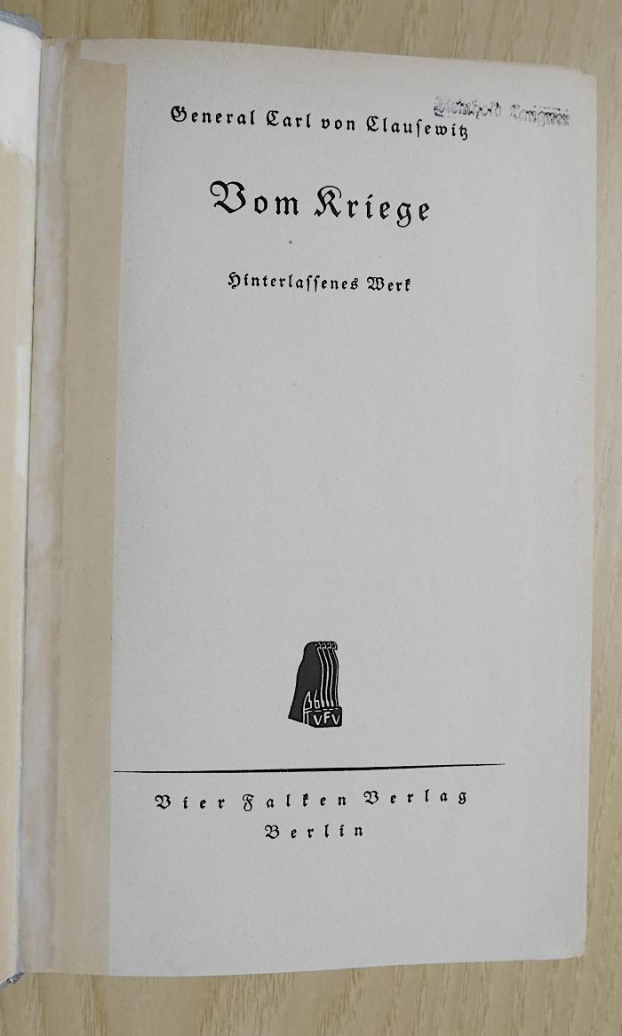 G 382&lt;5&gt; : Vom Kriege : hinterlassenes Werk (1937)