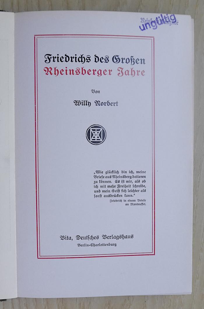 Gf 404 : Friedrichs des Grossen Rheinsberger Jahre (1911)