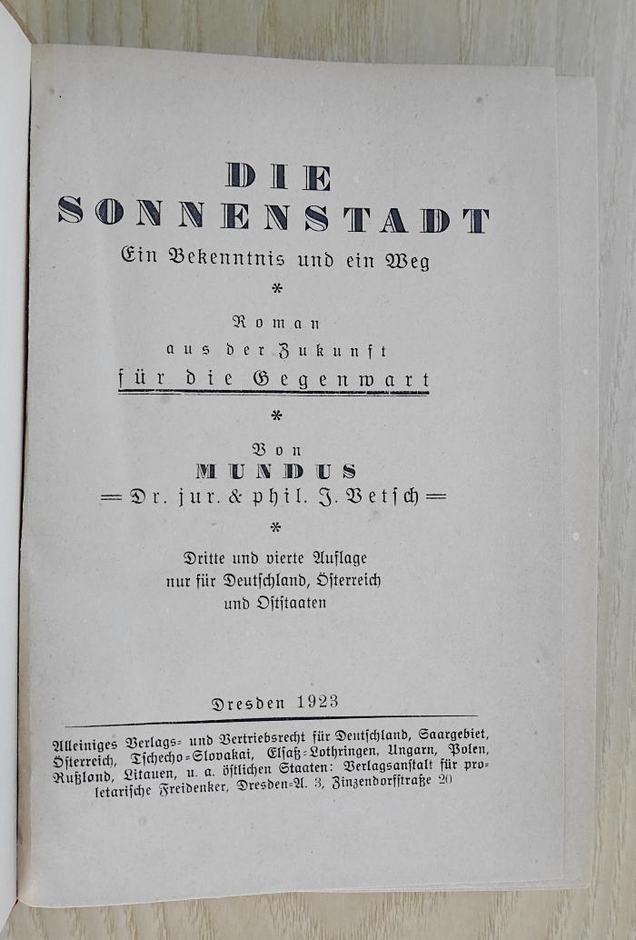 SH 1332 : Die Sonnenstadt : ein Bekenntnis und ein Weg ; Roman aus der Zukunft für die Gegenwart (1923)