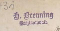- (Brenning, H.), Stempel: Name, Berufsangabe/Titel/Branche; 'H. Brenning / Rechtsanwalt.'. 