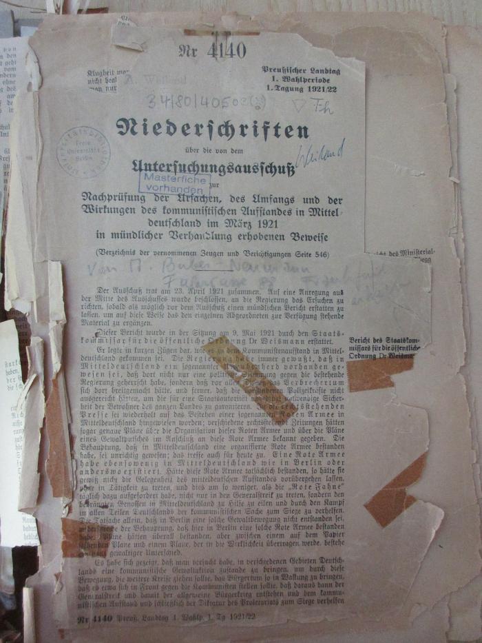 34/80/40503(0) : Niederschriften über die von dem Untersuchungsausschuß zur Nachprüfung der Ursachen, des Umfangs und der Wirkungen des Kommunistischen Aufstandes in Mitteldeutschland im März 1921 in mündlicher Verhandlung erhobenen Beweise (1922)
