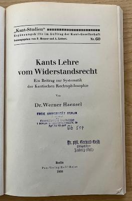 Gb 517 (ausgesondert) : Kants Lehre vom Widerstandsrecht (1926)