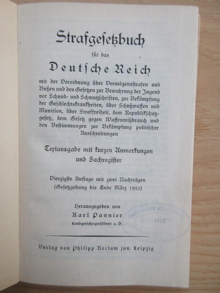 SH 191 : Strafgesetzbuch für das Deutsche Reich (1931)