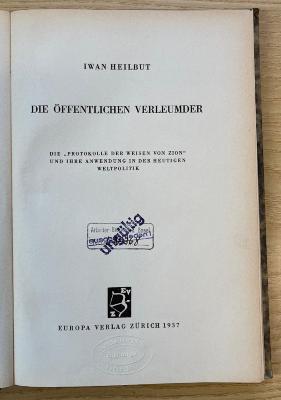 Bb 566a : Die öffentlichen Verleumder : die "Protokolle der Weisen von Zion" und ihre Anwendung in der heutigen Weltpolitik (1937)