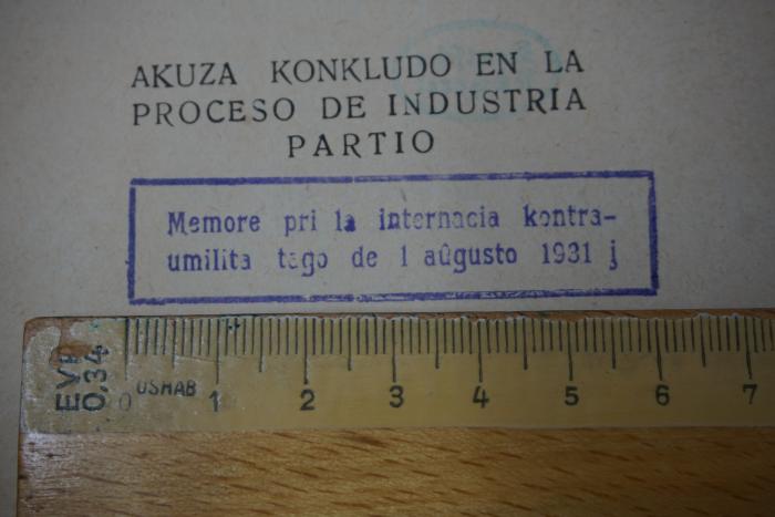 -, Stempel: Datum, Widmung; 'Memore pri la internacia kontramilita tago de 1 aûgusto 1931' (Prototyp)