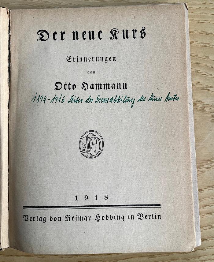 SH 2280 : Der neue Kurs : Erinnerungen (1918)