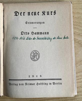 SH 2280 : Der neue Kurs : Erinnerungen (1918)