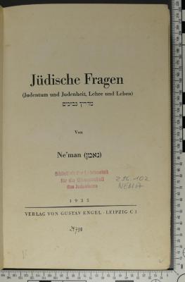 296.102 NEMA : Jüdische Fragen (Judentum und Judenheit, Lehre und Leben) (1935)