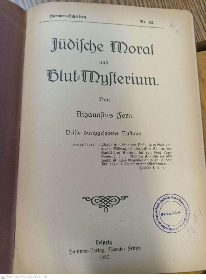 AN I 290 : Jüdische Moral und Blut-Mysterium (1920)