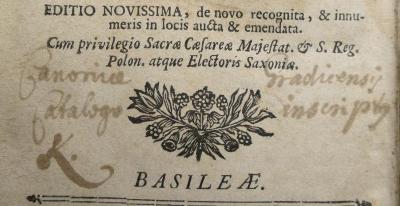 - (Kloster Hradisko), Von Hand: Exlibris, Name; 'Canonic[e?] Gradiecensis Catalogo insrcript[us?] K. '. 