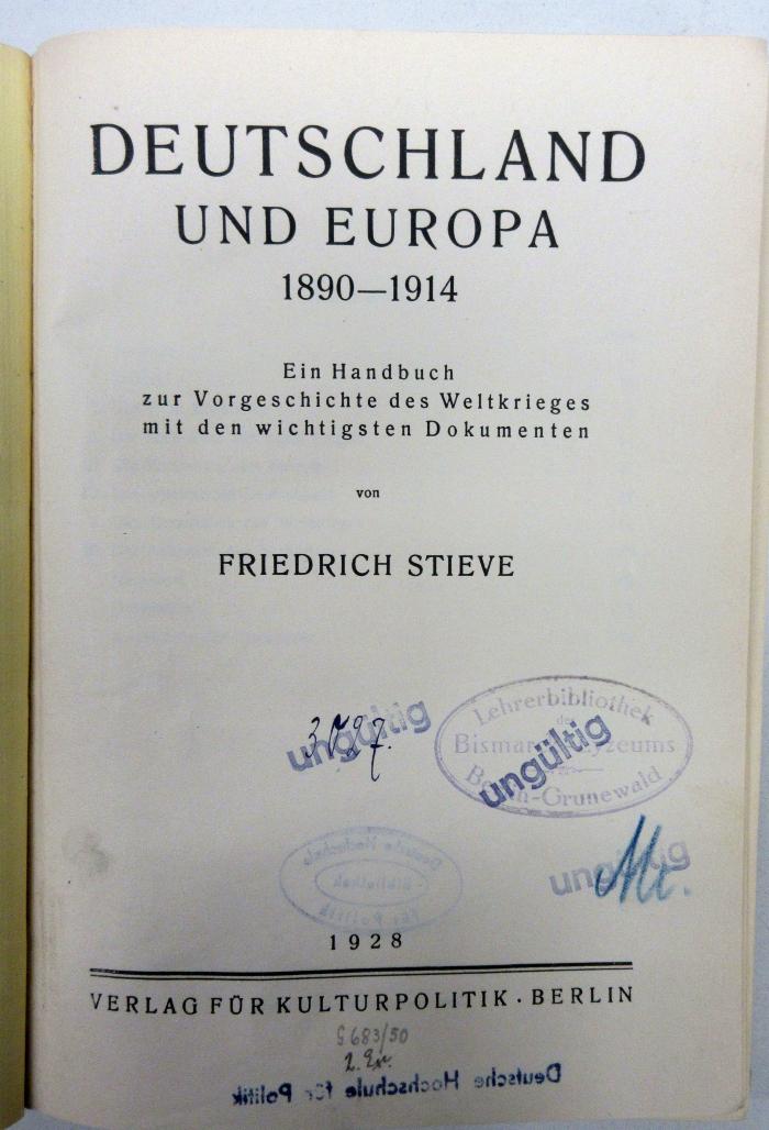 Gb 109a : Deutschland und Europa: 1890-1914: ein Handbuch zur Vorgeschichte des Weltkrieges mit den wichtigsten Dokumenten (1928)
