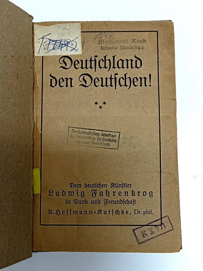 AN I 331 :  Deutschland den Deutschen! : Dem deutschen Künstler Ludwig Fahrenkrog in Dank und Freundschaft. ((1920))