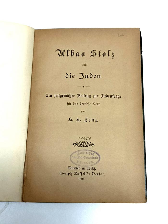 AN I 347 : Alban Stolz und die Juden: Ein zeitgemäßer Beitrag zur Judenfrage für das deutsche Volk. (1893)
