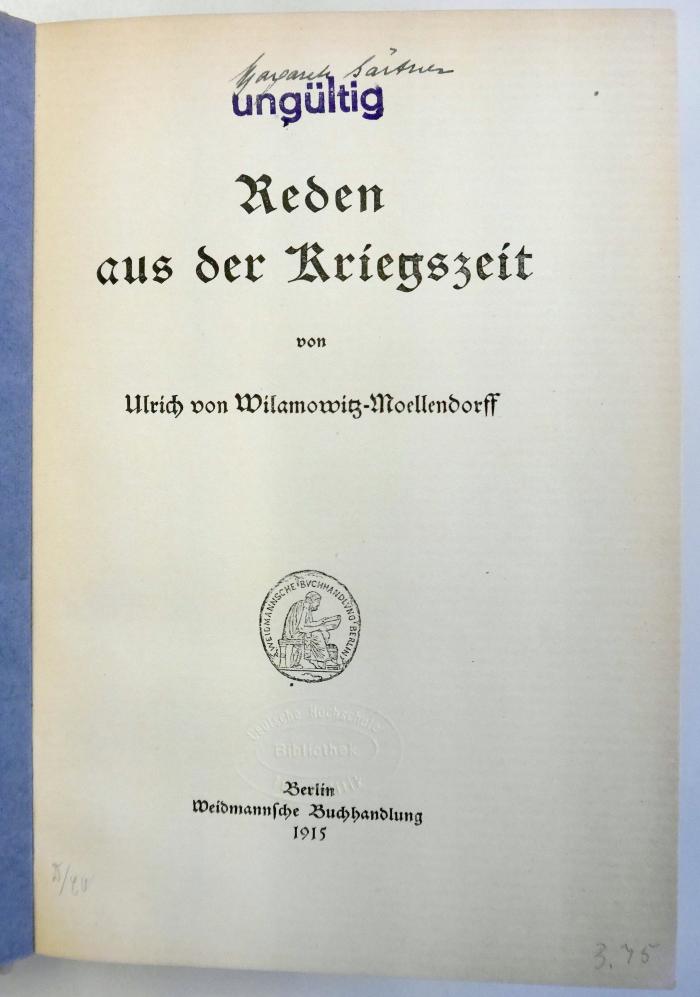 G 851 : Reden aus der Kriegszeit. (1919)