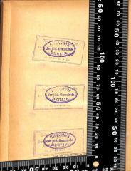 - (Jüdische Gemeinde zu Berlin), Tektur: Name, Ortsangabe; 'Bibliothek des Deutschen Israelitischen Gemeindebundes Berlin'.  (Prototyp)