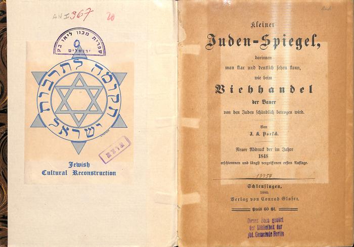 AN I 367 : Kleiner Juden - Spiegel, darinnen man klar und deutlich sehen kann, wie beim Viehhandel der Bauer von den Juden schändlich betrogen wird (1880)