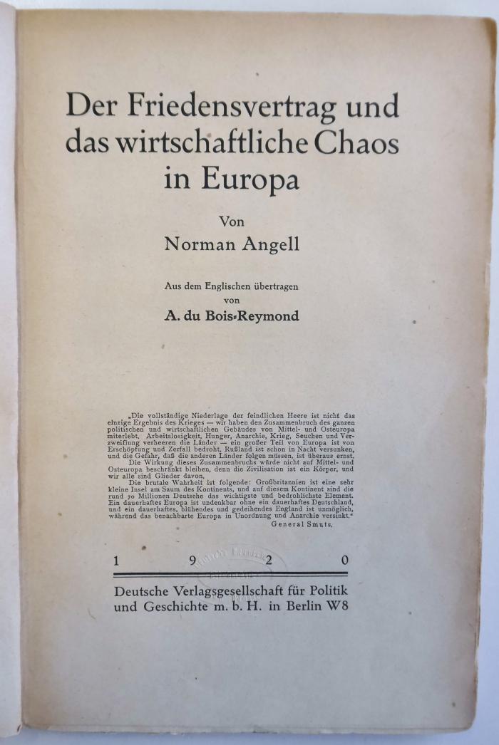 G 877 : Der Friedensvertrag und das wirtschaftliche Chaos in Europa (1920)