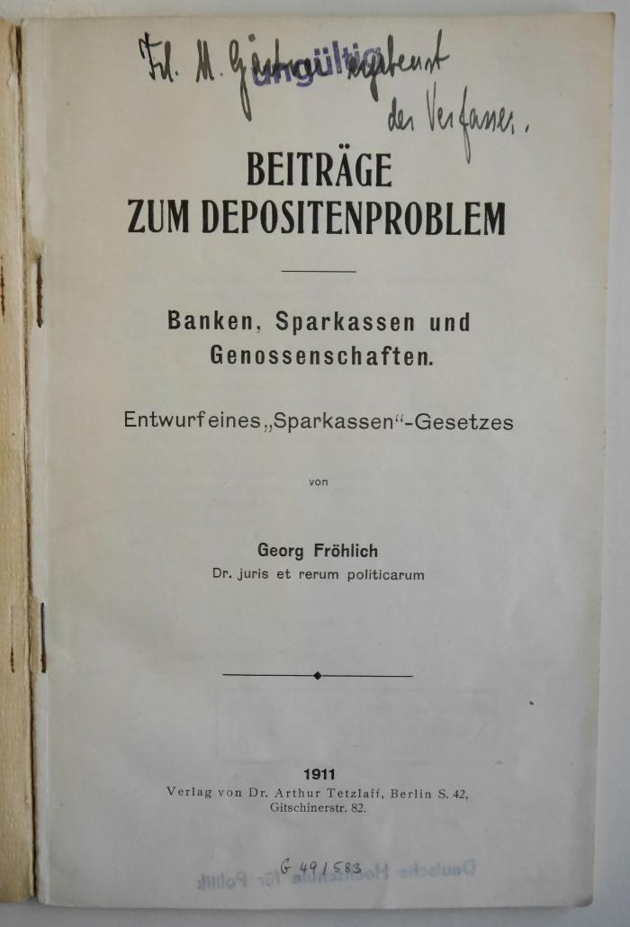 Da 196 : Beiträge zum Depositenproblem : Banken, Sparkassen und Genossenschaften (1911)