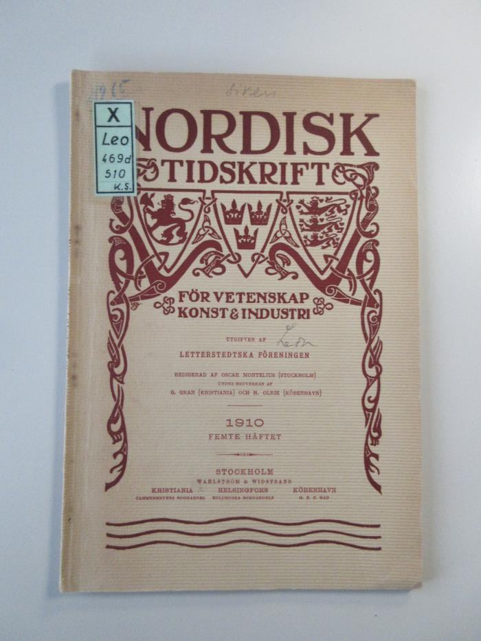 X Leo 469d 510 K.S. : Leonardo da Vincis studier rörande flygproblemet, Sonderdr. aus Nordisk tidskrift (1910)