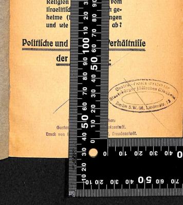 - (Central-Verein Deutscher Staatsbürger Jüdischen Glaubens;Leo Baeck Institute Jerusalem), Durchgestrichen: Name, Ortsangabe, Zeichen; 'Central-Verein Deutscher Staatsbürger jüdischen Glaubens
Berlin S.W. 68, Lindenstr. 13'. 