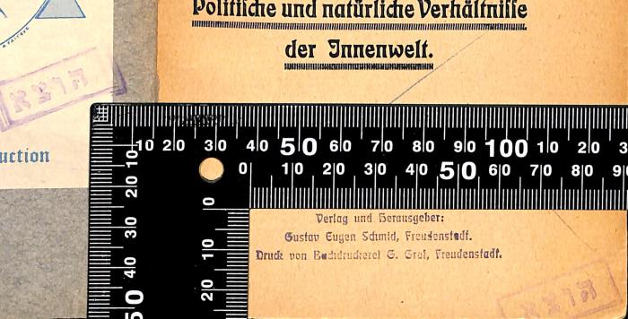 -, Stempel: Berufsangabe/Titel/Branche, Name, Ortsangabe; 'Verlag und Herausgeber:
Gustav Eugen Schmid, Freudenstadt
Druck von Buchdruckerei G. Graf, Freudenstadt' (Prototyp)