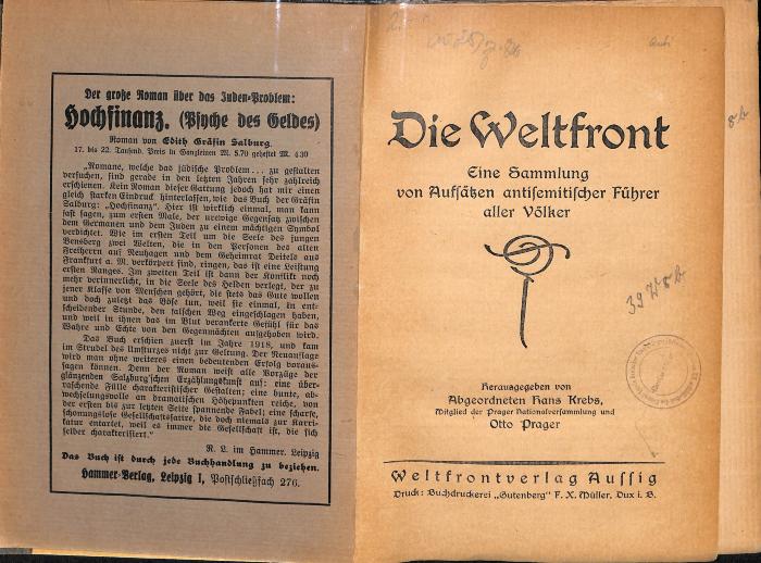 AN I 384 : Die Weltfront: eine Sammlung von Aufsätzen antisemitischer Führer aller Völker. (1926)