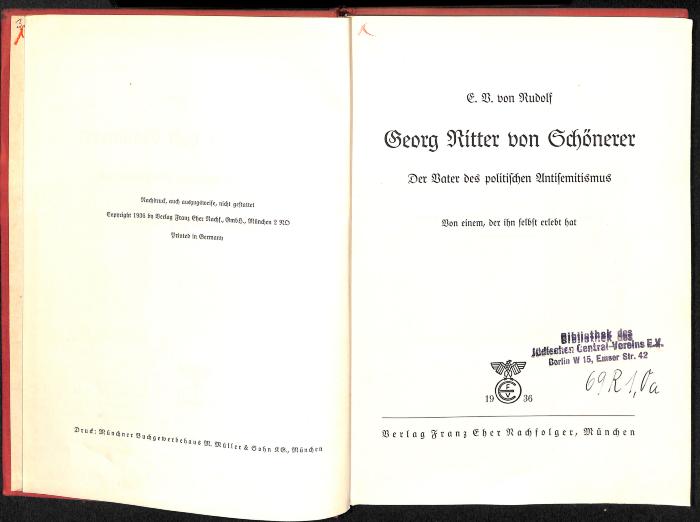 AN I 394 :  Georg Ritter von Schönerer : der Vater des politischen Antisemitismus (1936)