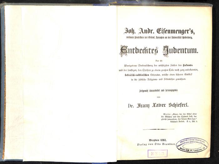 AN I 1033 : Eisenmenger's Entdecktes Judentum. (1893)